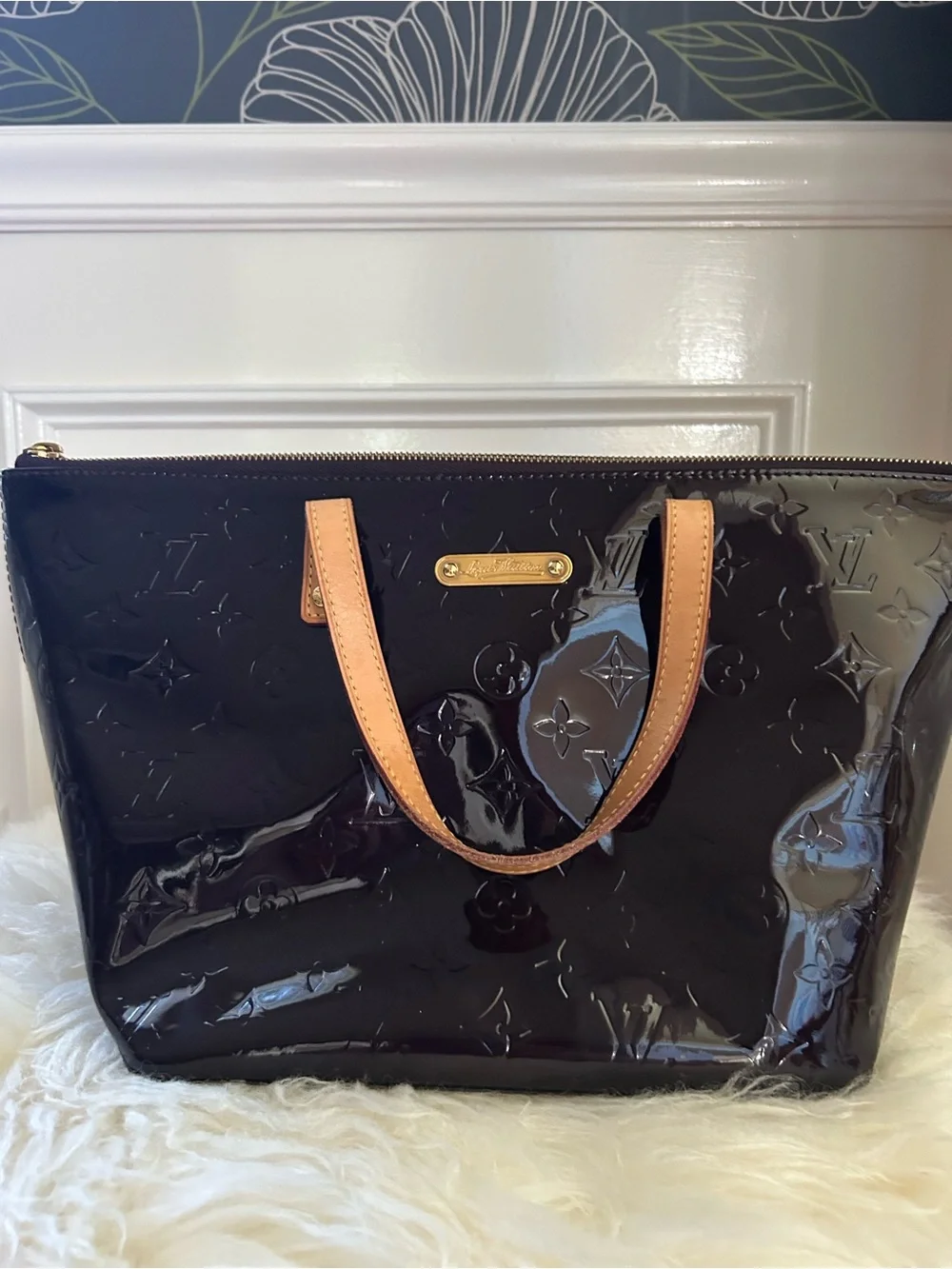 Louis Vuitton Deep Burgundy Vernis Leather Tote with Tan Leather Handles